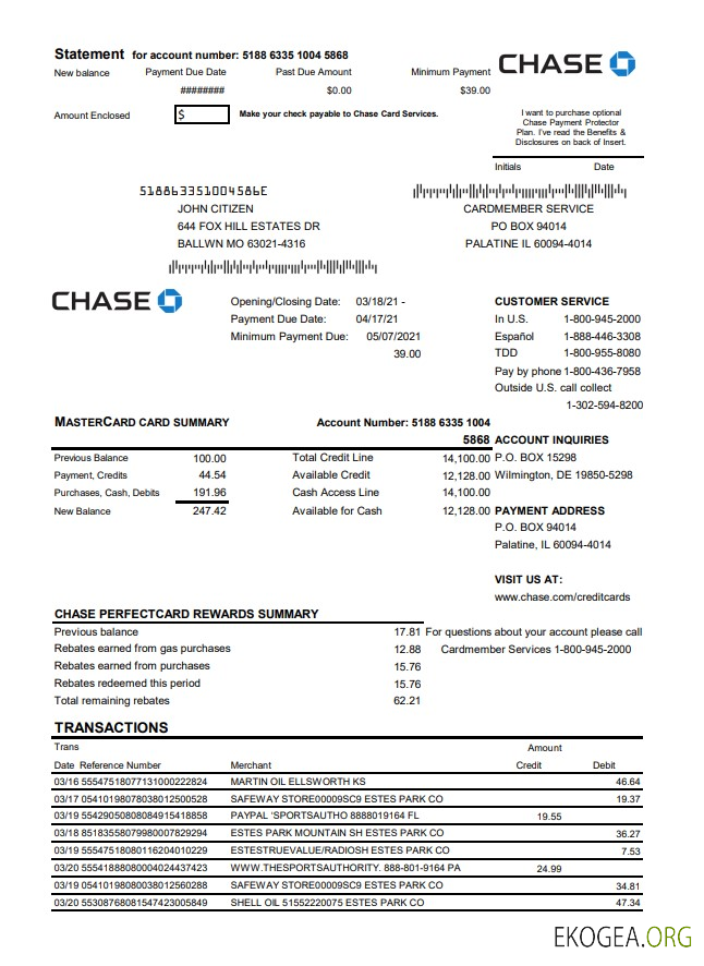 Relevé de carte Mastercard de la banque Chase USA